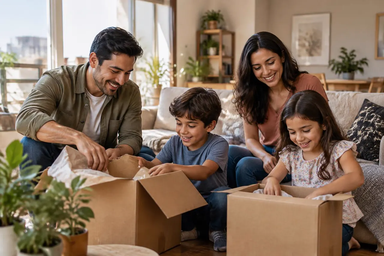 Familia acomodando sus pertenencias en una sala luminosa