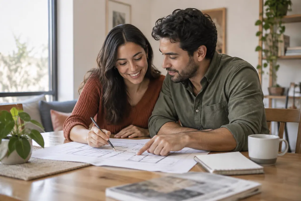 Pareja conversando sobre los planos de su próximo hogar