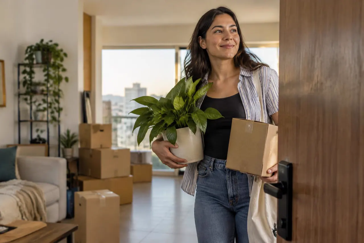 Persona entrando a un departamento con una planta y una caja