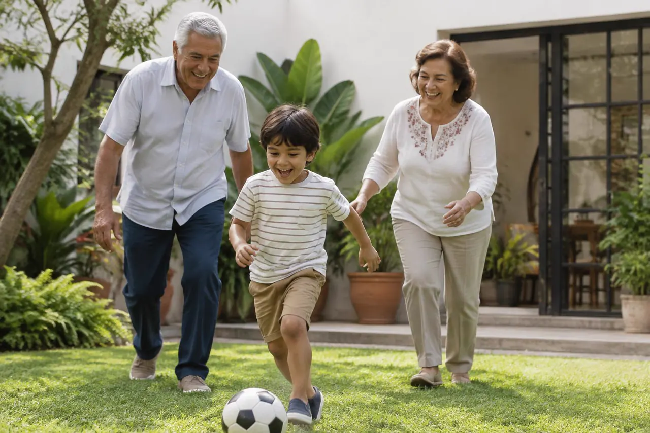 Abuelos compartiendo un momento alegre con su nieto en un patio