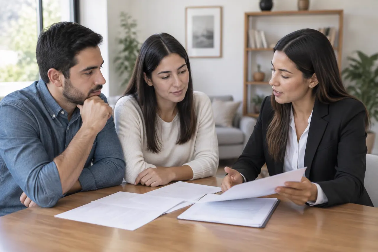 Profesional conversando con una pareja sobre documentos